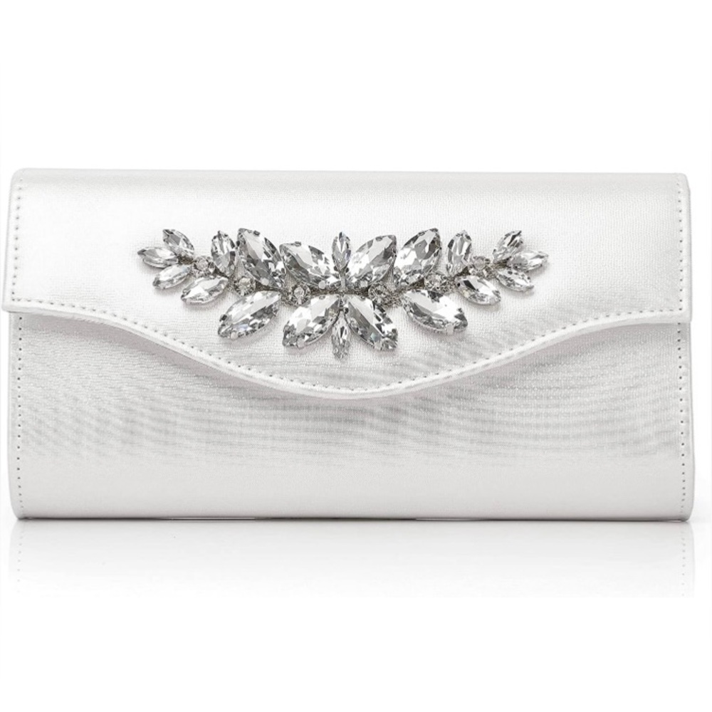 Sliver Satin Jeweled Flower Design Clutch Purse Evening Bag